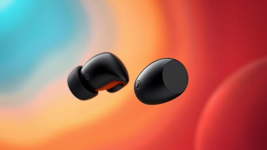 Sleek black open-ear earbuds on vibrant gradient background.