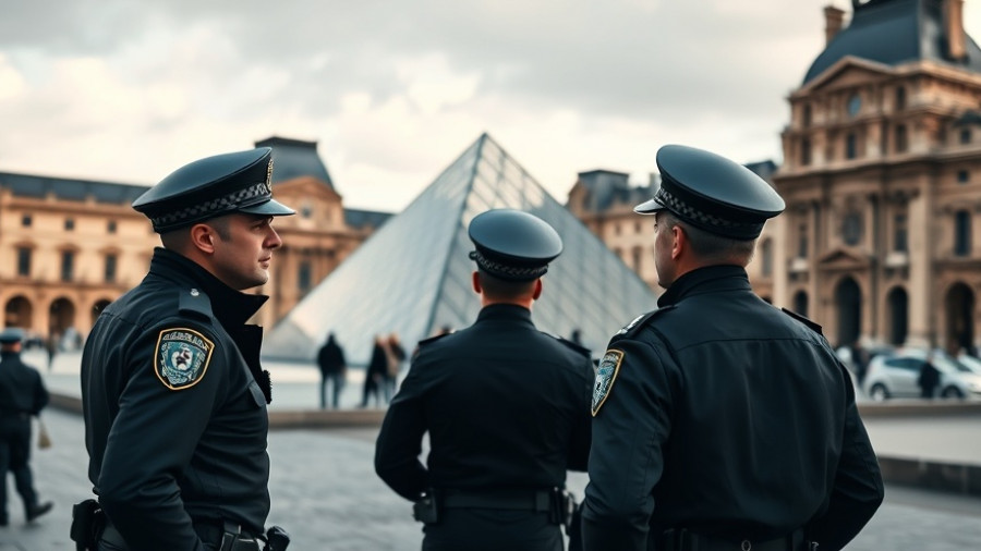 Louvre Heist Arrests: Police officers guarding Louvre with pyramid in background.
