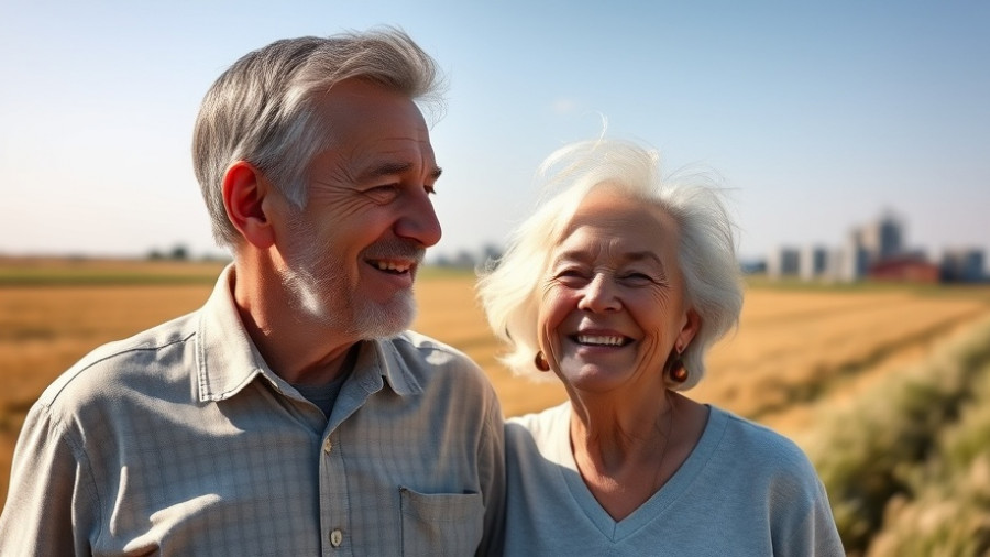 Elderly couple standing on a dirt path near farm buildings.
