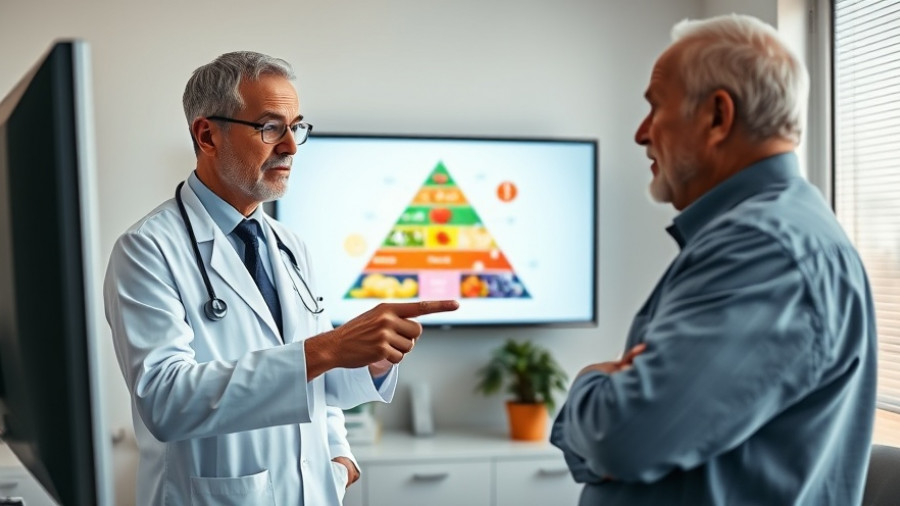 Doctor explaining nutrition to patient using a food pyramid diagram.