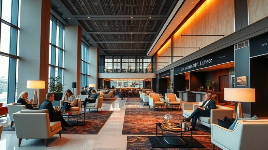 Modern luxurious lounge with people relaxing and warm lighting at Denver Centurion Lounge.