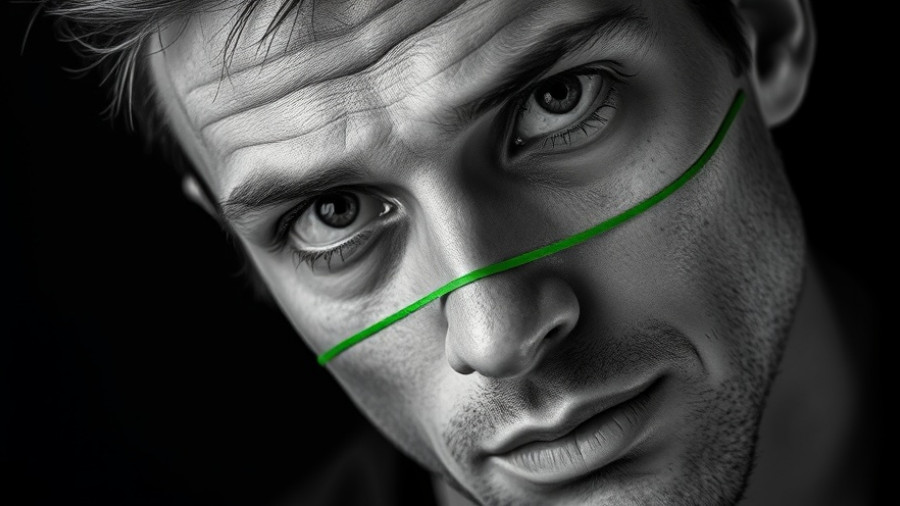 Abstract black and white portrait representing mental health crisis with vibrant green lines.