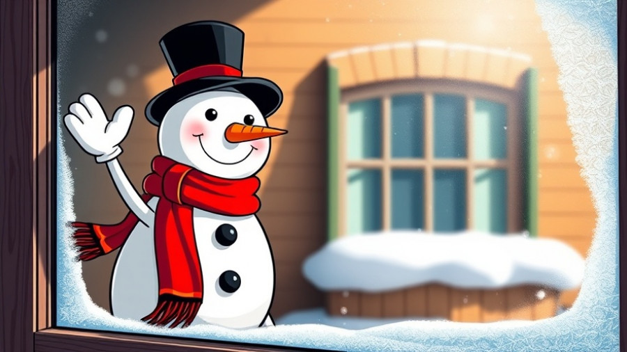 Cheerful snowman illustration on a window with winter theme - Denver news.