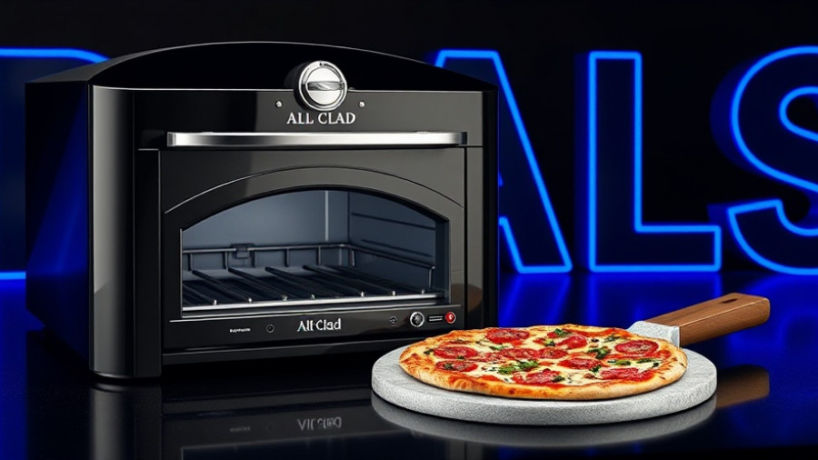 All-Clad pizza oven discount promotion with pizza peel, blue 'DEALS' backdrop.