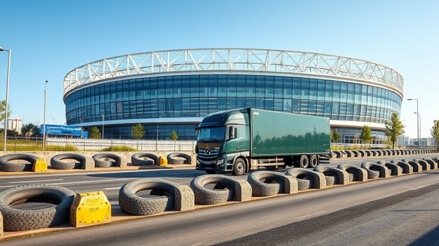 Sustainable highway barriers from recycled tires near a stadium.