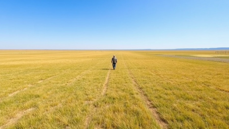 Sprawling grassland near Denver, man walking in sunlight.