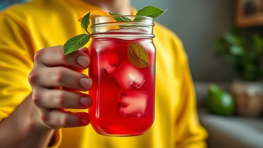 Person holding red fruit juice in a mason jar, soft background.