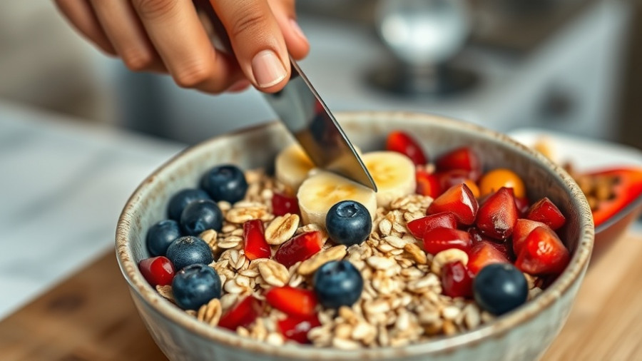 Hands preparing a healthy breakfast bowl with fruits and grains.