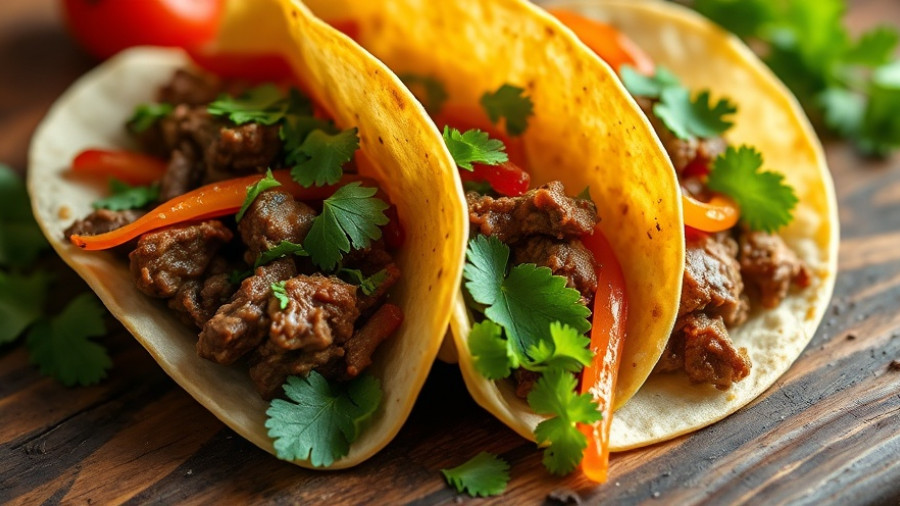 Delicious beef tacos with vibrant bell peppers and fresh herbs.
