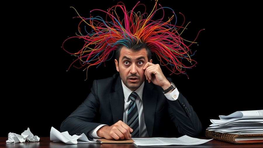 Surreal business figure with colorful chaotic head at desk, AI agents freelance workers.