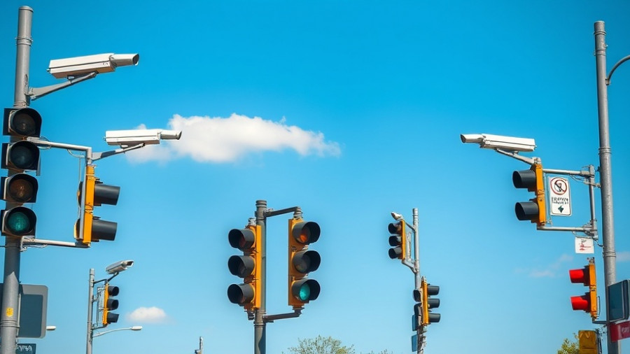 Traffic lights and cameras on poles under blue sky in Denver news.