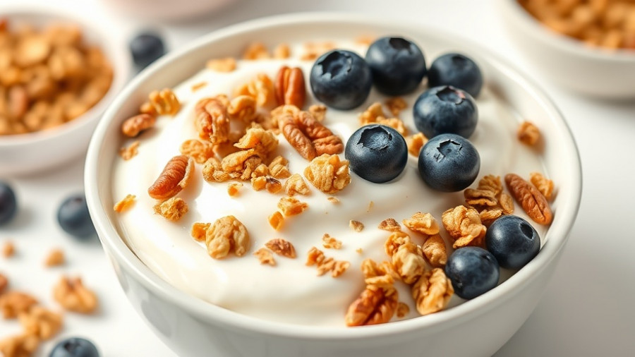 Bowl of yogurt with granola and blueberries, highlighting high-protein snacks.