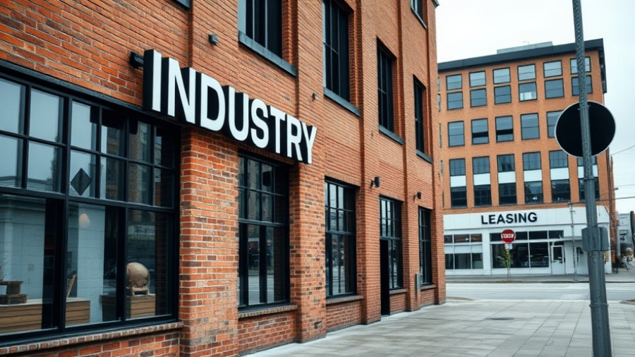 Industry RiNo Station building with leasing sign under cloudy sky.