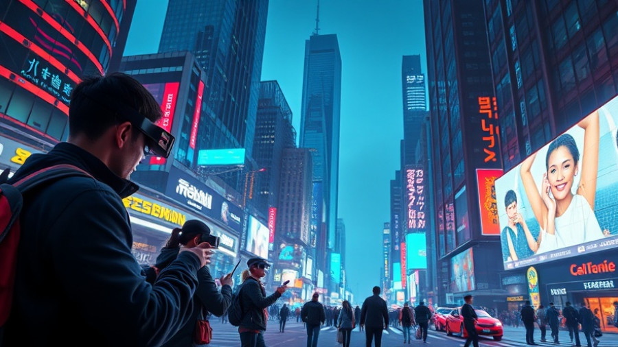 Futuristic city scene with tech interfaces and neon lights, 2025.