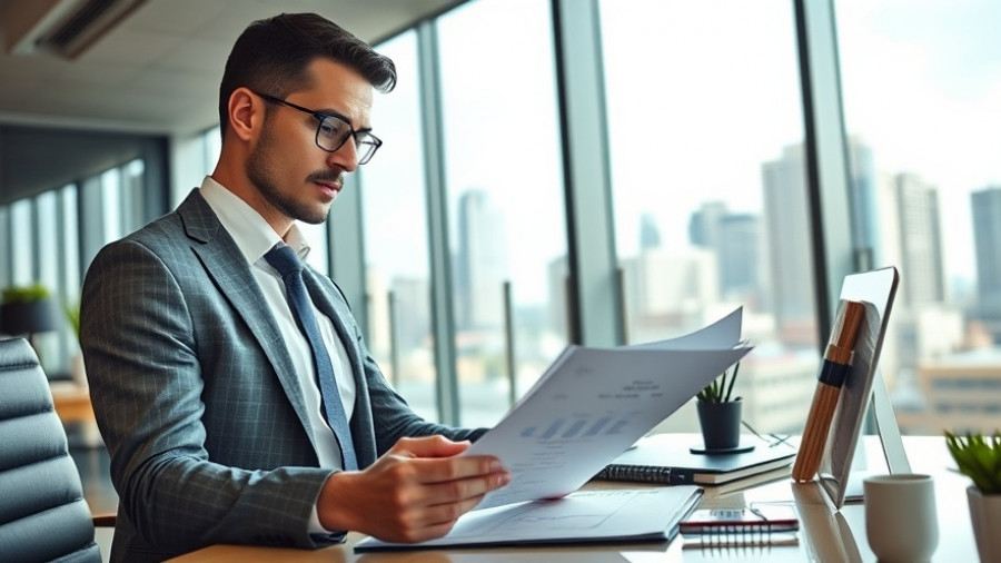 Confident professional in modern office analyzing financial documents.