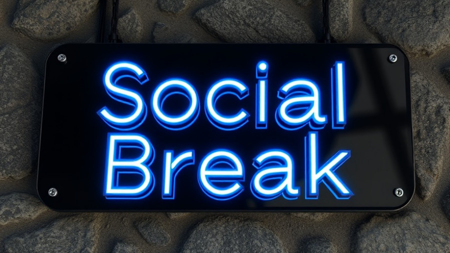 Glossy sign with neon text 'Social Break' on stone background. Denver health news.