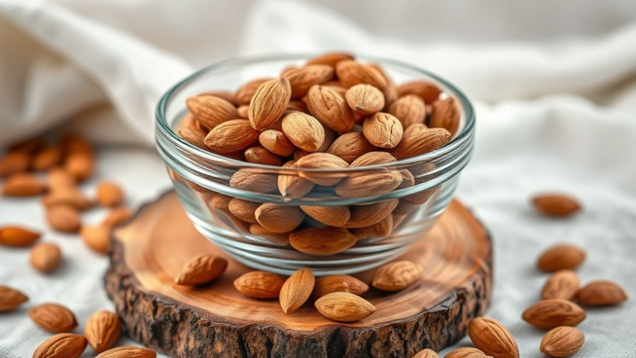 Glass bowl with almonds on wooden coaster for eating almonds before bed.