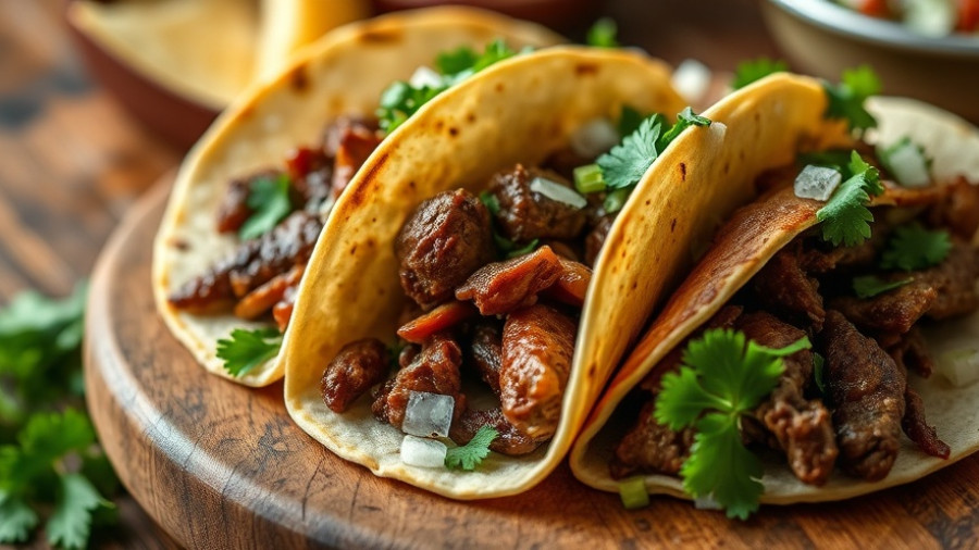 Delicious beef street tacos with cilantro and onion on rustic table.