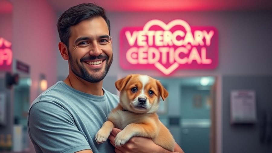 A man in a vet clinic holds a puppy with a neon sign. Rising veterinary bills in Denver.