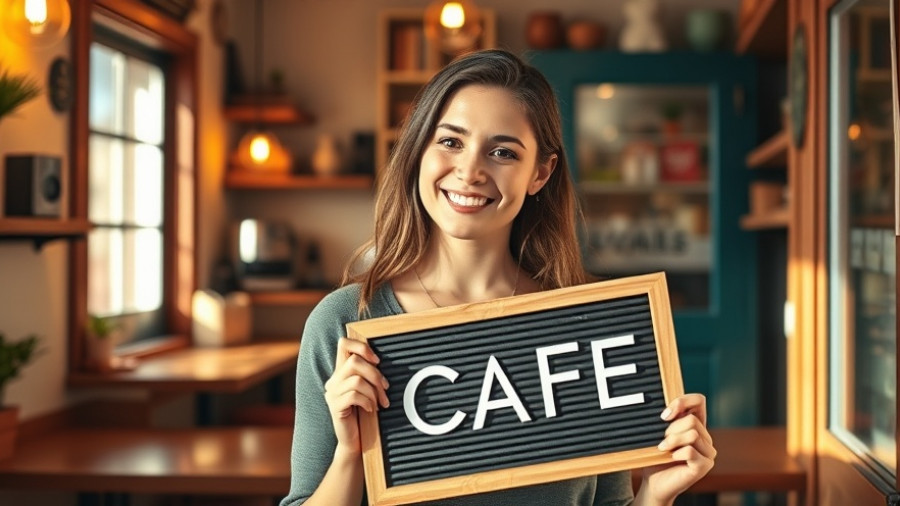 Confident woman in cafe holding open signboard, small-business loans for women.