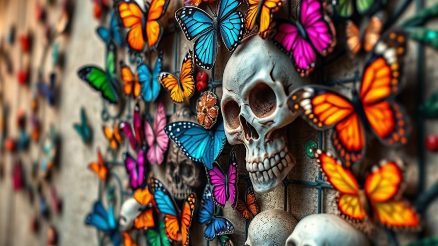 Colorful handcrafted art display featuring butterflies and skulls
