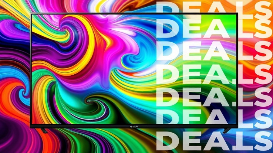 LG OLED TV with colorful display and deals background.