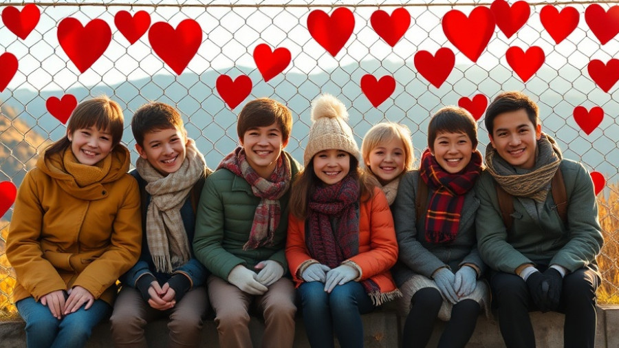 Group by fence with red cup hearts, sunny mountain backdrop.
