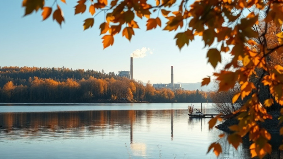 Coal plant in Colorado framed by autumn leaves over a peaceful lake.