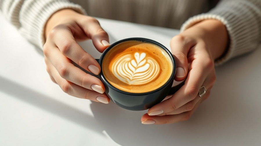 Cappuccino with latte art held by hands, best time to drink coffee for weight loss.