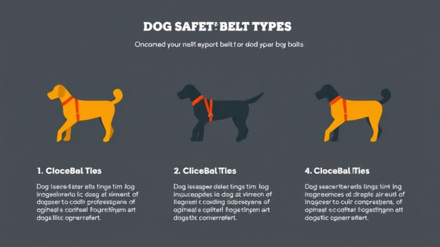 Infographic outlining 3 dog safety belt types; harness, tether, booster seat