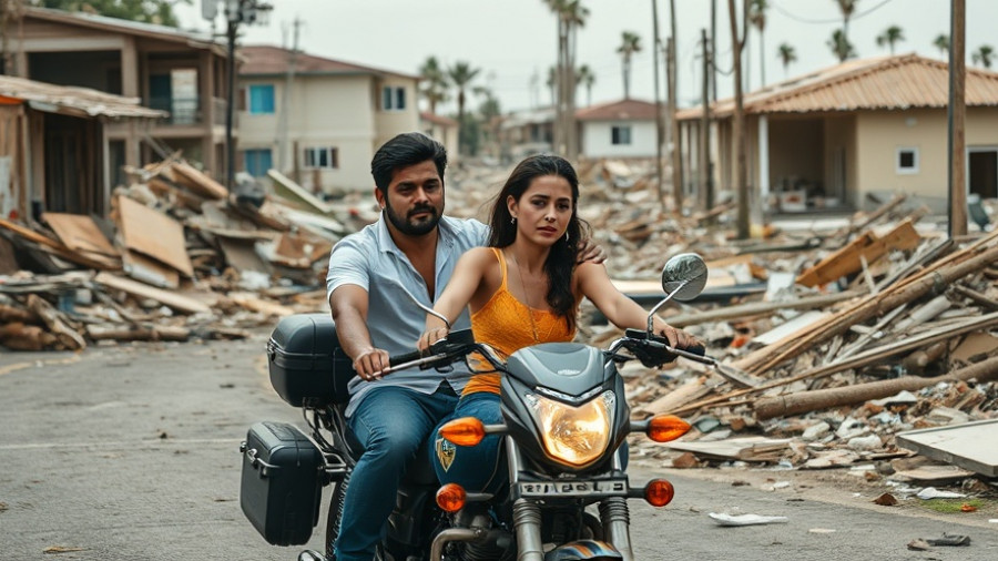 Two people on a motorcycle in post-hurricane devastation in Jamaica.