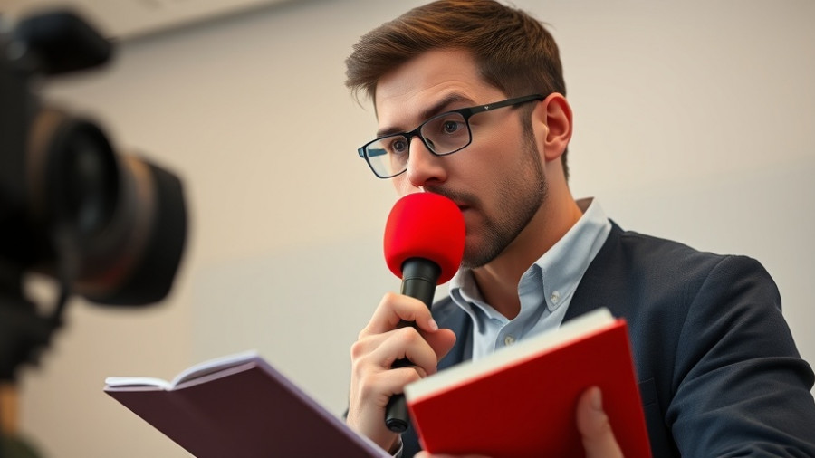 Journalist with red microphone and notepad covering Denver health news.