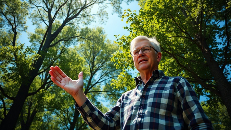 Person in a plaid shirt discussing Arkansas River history amidst trees.