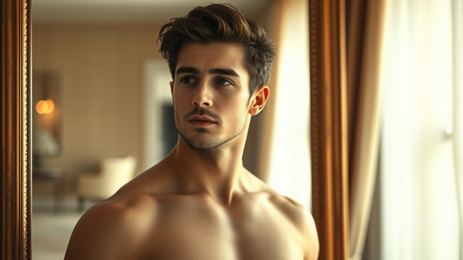 Shirtless young man pondering in front of a mirror, exploring 'why do men have nipples'.