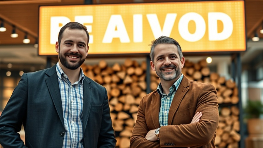 Businessmen in front of modern Denver office sign.