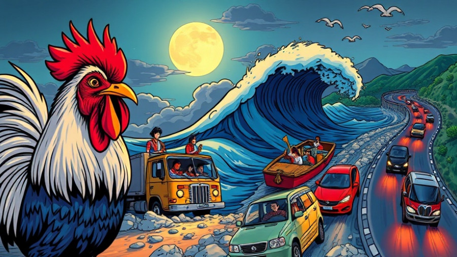 Comic-style illustration with diverse scenes including cars and boats, denver news.