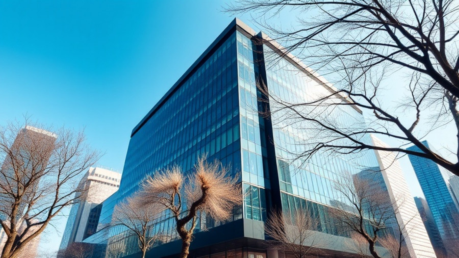 Modern corporate building in Denver with glass facade and trees.