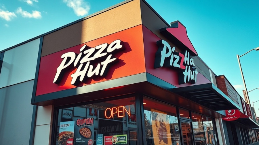 Pizza Hut storefront with sale posters and open sign.