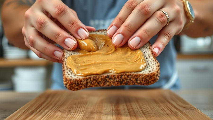 Person spreading peanut butter on bread, foods with less protein context.