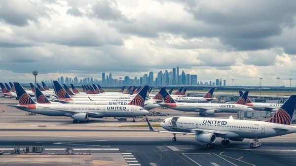 Multiple United Airlines planes at a busy airport with city skyline.