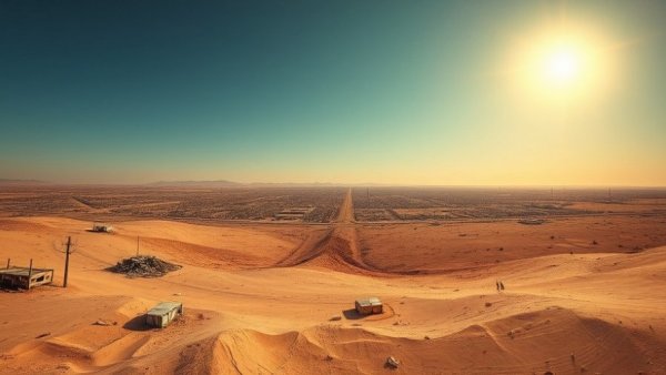 Gaza humanitarian crisis illustration, desolate landscape and debris under blue sky.