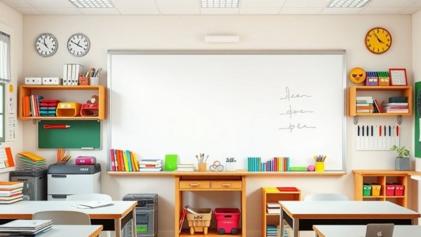 Classroom whiteboard setup with educational tools in a vibrant learning environment for child care funding ballot measures discussion.