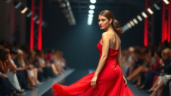 Elegant fashion show, entertainment in Denver, bold red outfit.