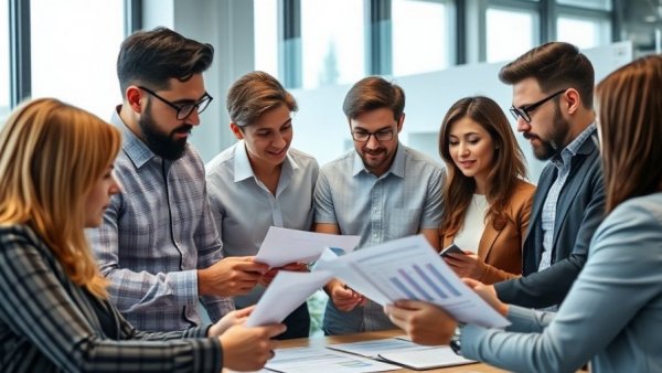 Diverse group discussing mortgage rates increase with charts indoors.