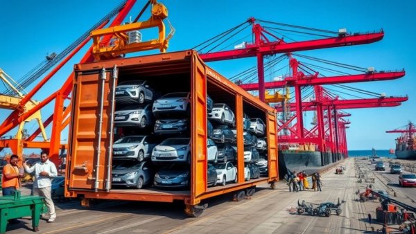 Car shipping containers being loaded onto a cargo ship at a vibrant port.