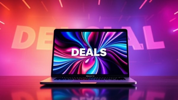15-inch MacBook Air against colorful discount background, showcasing deals.