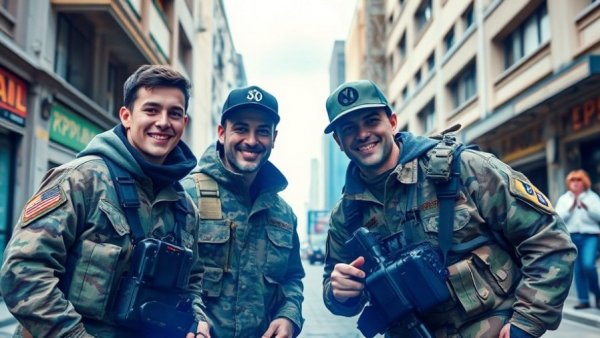 Smiling young men in military gear highlight Sudan human rights crisis.