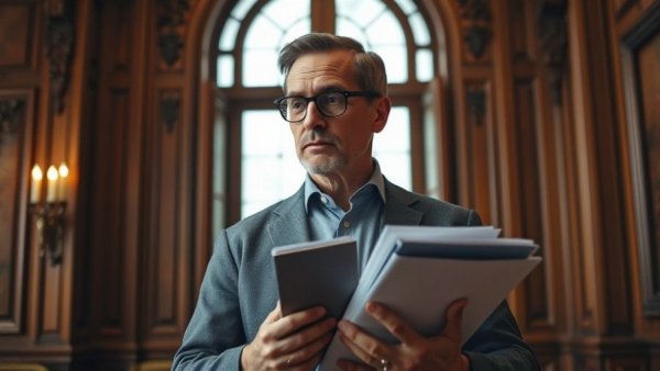 Man in suit holding folders, in ornate room, end federal government shutdown discussion.