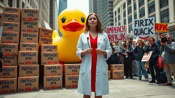 Speaker at public health vaccination protest with anti-vax signs.
