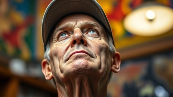 Middle-aged man in a contemplative pose, colorful background.